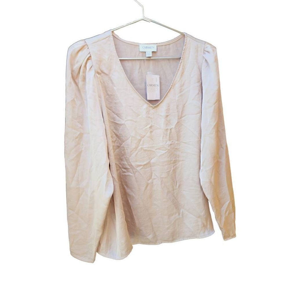 Carmen Marc Valvo Womens Blouse Beige Long Sleeve V Neck Keyhole Cuffs XL New - Picture 1 of 8